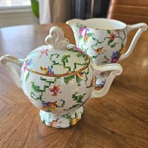 Vintage Windsor Erphila Germany Creamer & Sugar Bowl Set Floral Chintz Gold Trim